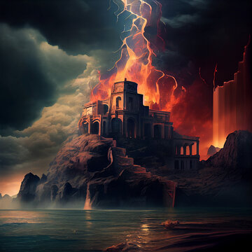 Gomorrah and Sodom destroyed by god, rain of sulfur and fire, story of the bible, generative AI 