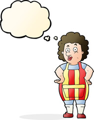 cartoon woman in kitchen apron with thought bubble