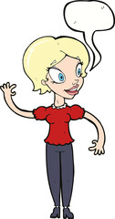 cartoon woman waving with speech bubble