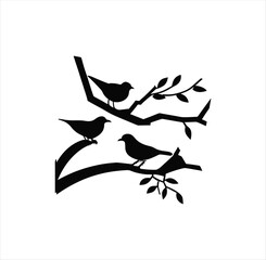 Three sitting birds on branch silhouette vector art.