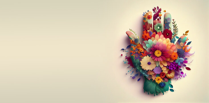 Hand covered with  flowers, love and emotion concept, self care, help and charity, generative AI
