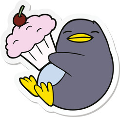 sticker of a cartoon penguin with cupcake