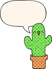 cartoon cactus and speech bubble in comic book style