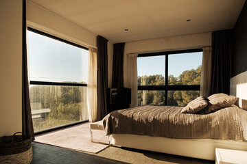 Interior design of modern hotel bedroom 