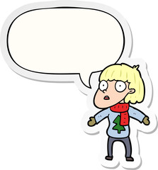 cartoon surprised christmas person and speech bubble sticker