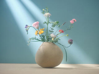 Bright colorful bouquet of wild flowers in a tin can vase