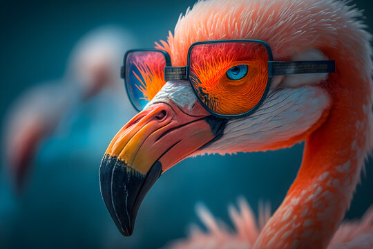 Bright flamingo bird in sunglasses rests on the beach by the pool under palm trees with a glass. Beautiful exotic tropical summer elegant holiday vacation concept. Generative AI