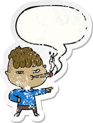 cartoon man smoking and speech bubble distressed sticker