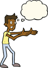 cartoon man desperately explaining with thought bubble