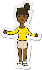 sticker of a cartoon woman shrugging shoulders