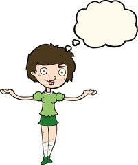 cartoon woman spreading arms with thought bubble