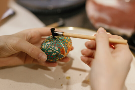Egg decorating. Spring season. Traditional design. Eggshell