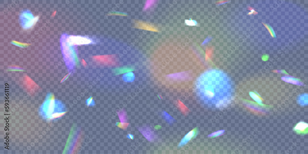Poster realistic diamond reflection, rainbow light optical effect colorful collection, bright spectrum glow