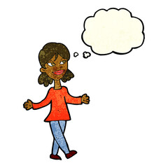 cartoon woman with no worries with thought bubble