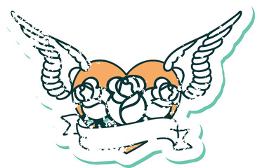 distressed sticker tattoo style icon of a flying heart with flowers and banner