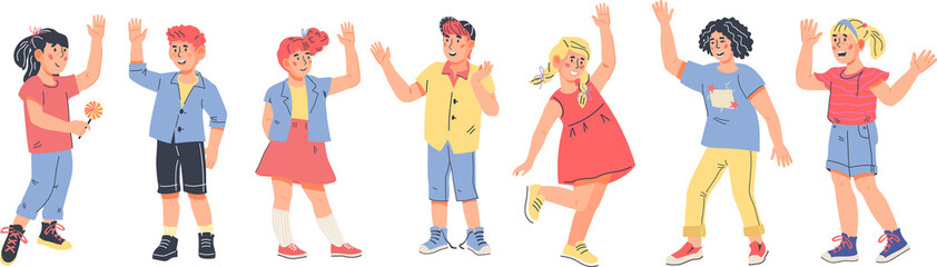 Happy children greeting each other. Cheerful smiling kids characters. Boys and girls standing in row.