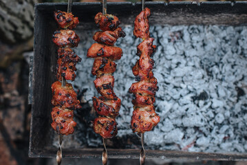 Head skewers on a metal skewer. Marinated pork skewers. BBQ meat. Barbecue party. Close-up with shallow depth of field. View from above