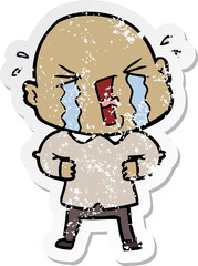 distressed sticker of a cartoon crying bald man