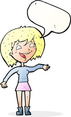 cartoon waving woman with speech bubble