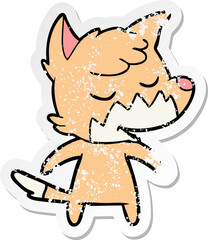 distressed sticker of a friendly cartoon fox