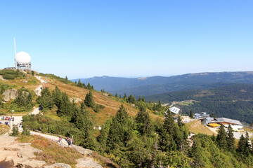 Obraz premium Panorama view of mountain Großer Arber summit with radar dome (radome) and summit station of gondola lift (cable car) in Bavarian Forest, Germany