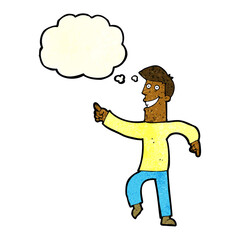 cartoon grinning man with thought bubble