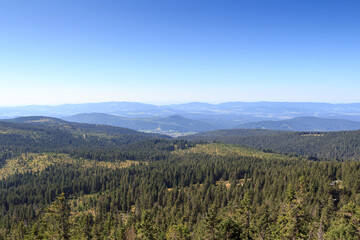 Fototapeta na wymiar Panorama view of Bavarian Forest and municipality Bodenmais seen from mountain Großer Arber, Germany
