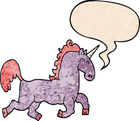 cartoon unicorn and speech bubble in retro texture style