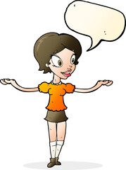 cartoon woman with arms spread wide with speech bubble