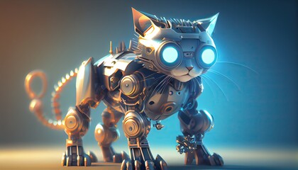 standing futurisric cat robot, shining eyes, scifi, mechanical ai generative