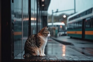 lonely cat waiting on street. generative ai