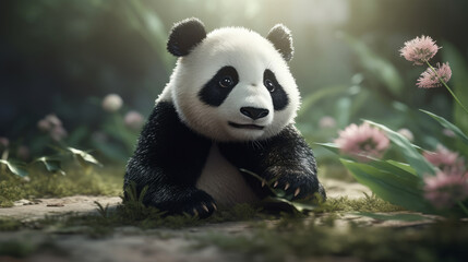 Obraz na płótnie Canvas Super Cute little baby Panda bear in the forest. Funny small cartoon character with big eyes. AI generated