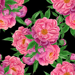 Seamless watercolor pattern of a bouquet of peonies on a black background