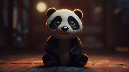 Super Cute little baby Panda bear in the forest. Funny small cartoon character with big eyes. AI generated