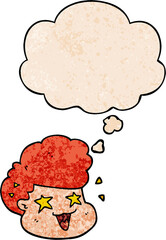 cartoon excited boy and thought bubble in grunge texture pattern style