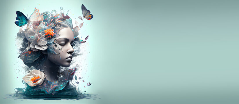 Human brain with flowers, butterflies and water splash, self care and mental health concept, positive thinking, creative mind, generative AI
