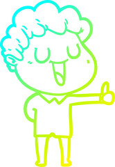 cold gradient line drawing laughing cartoon man giving thumbs up sign