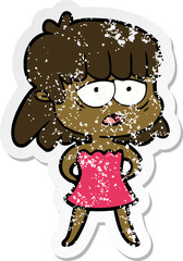 distressed sticker of a cartoon tired woman