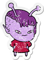 distressed sticker of a cute cartoon alien girl