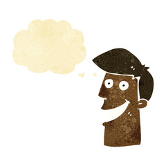 cartoon grinning man with thought bubble