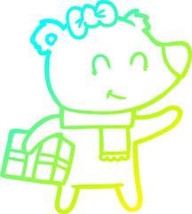 cold gradient line drawing female polar bear with christmas present