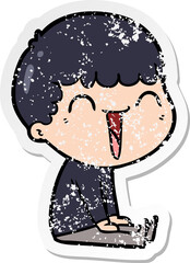 distressed sticker of a cartoon happy man