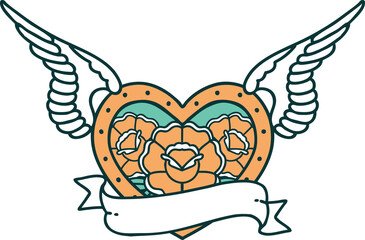 tattoo style icon of a flying heart with flowers and banner