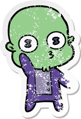 distressed sticker of a waving weird bald spaceman