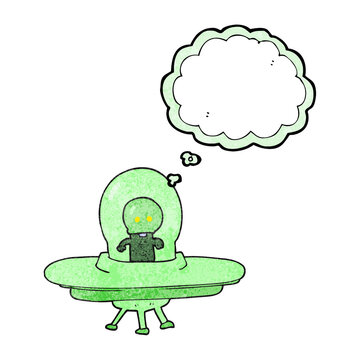 thought bubble textured cartoon alien in flying saucer