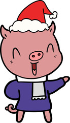 happy line drawing of a pig in winter clothes wearing santa hat
