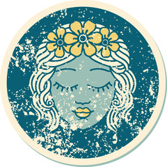 distressed sticker tattoo style icon of a maidens face