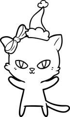 cute line drawing of a cat wearing santa hat
