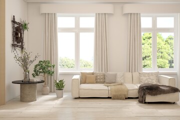 Modern interior concept with sofa and summer landscape in window. 3D illustration