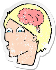 retro distressed sticker of a cartoon head with brain symbol